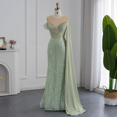 Green Mermaid Prom Dress, Evening Dress With Cape, Dress With Cape, Luxurious Dresses, Dubai Style, Dress With Shawl, Green Mermaid, One Shoulder Gown, فستان سهرة