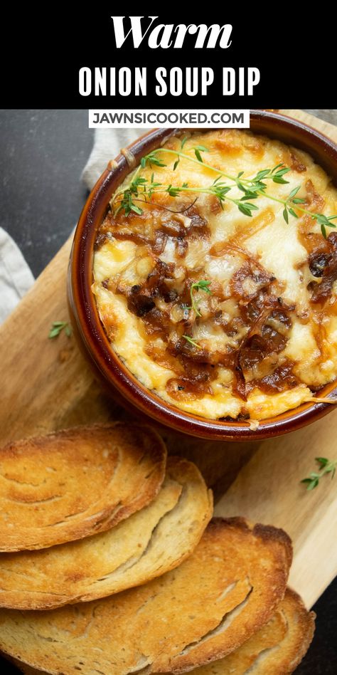 If you are a sucker for a hot bowl of classic French Onion Soup- you're going to LOVE this Hot & Cheesy French Onion Soup Dip! A warm and creamy appetizer best served with crusty bread- this dip gets its flavor from rich and flavorful caramelized onions, tangy cheddar and a touch of thyme. Put this out at your next party or family get together, and watch it disappear! French Onion Soup Dip Recipe, French Onion Soup Dip, Onion Soup Dip, Tailgate Snack, Hot Onion Dip, Warm Dip Recipes, French Onion Dip Recipe, Dip Recipes Crockpot, Dip Recipes Hot