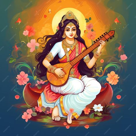 Saraswati Picture, Saraswati Painting, Art Competition Ideas, Bengali Art, Modern Art Canvas Painting, Boho Art Drawings, Vedic Art, Goddess Artwork, Indian Paintings