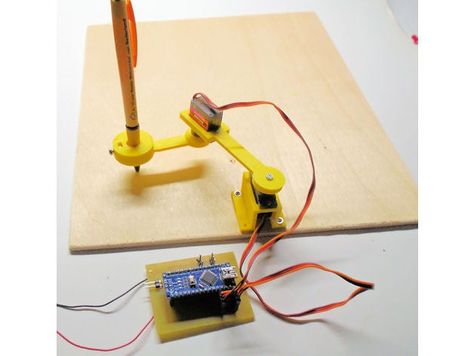 This Thing is a very elementary form of a polar plotter. Take a look at the Arduino example file "Servoknob" and install two potentiometers (5-10K). The pcb is ready for this extention. Be sure to have an external 5 volt power supply. The Arduino 5 volt supply is not capable of powering two servo's. It is realy fun for the kids to try to make a simple drawing with the two potentiometers. This example uses an Arduino Nano, but of coarse, all Arduino boards can be used. https://youtu.be/5O2jQfh01p Simple Arduino Projects, A Simple Drawing, Basic Electronic Circuits, Arduino Cnc, Drawing Machine, Diy Robot, Arduino Board, Raspberry Pi Projects, 3d Printing Diy