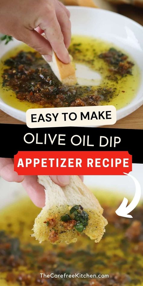 This restaurant style Olive Oil Dip for Bread is a simple appetizer that is always a hit. It’s made with sauteed garlic, fresh herbs, Parmesan cheese, and high quality extra virgin olive oil and tastes delicious with a slice of crusty bread, pita, or crostini. #thecarefreekitchen #appetizer #dip #oliveoil #italian #breaddippingoil #oilbreaddip Oil Dip For Bread, Garlic Dipping Oil, Dip For Bread, Bread Dipping Sauce, Olive Oil Bread Dip, Bread Dips Recipes, Oil Bread Dip, Bread Dipping Oil Recipe, Dipping Oil Recipe