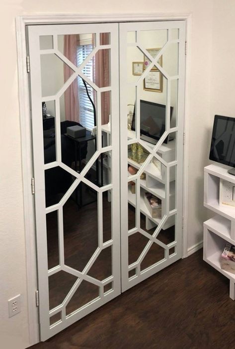 Transform your mirrored doors with O'verlays! Standard, and custom sizes, available!!  #myoverlays #chip #overlays #homedecor #decor #decorative #fretwork #mirror #mirrors #mirrored #door #doors #customize #transform Mirrored Linen Closet Doors, Mirror Door Update, Mirror Door Ideas, Mirrored Doors Makeover, Diy Mirror Door, Ceiling Fretwork, Mirror Door Makeover, Mirror Closet Door Makeover, Diy Ikea Furniture