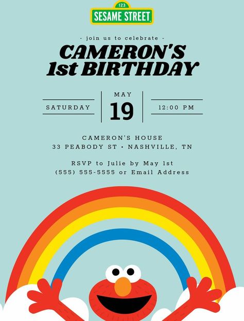 Sesame Street Birthday Invitations, Rainbow Birthday Invitations, Sesame Street Elmo, Sesame Street Birthday, Baby 1st Birthday, Birthday Board, Birthday Supplies, Rainbow Birthday, Colorful Rainbow