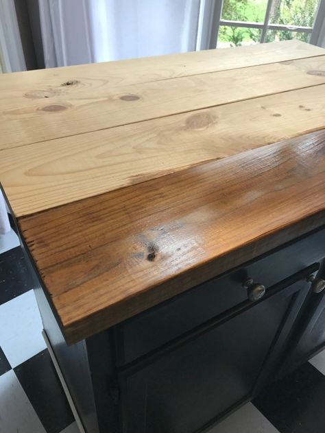 Chopping Block Counter Top Island, Wood Stained Countertops, Diy Island Top Ideas, Kitchen Island Wooden Top, Plank Wood Countertop, Diy Wood Top Table, Making A Butcher Block Counter Top, Diy Butcher Block Island How To Build, Wooden Countertop Island