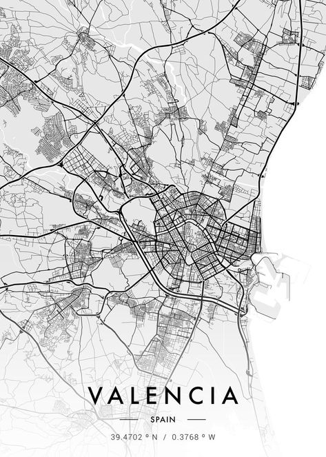 Valencia City Map White Valencia Map, City Maps Illustration, Cartography Art, Map Infographic, Spain Map, Valencia City, Print Map, Photo Pin, Art Deco Posters