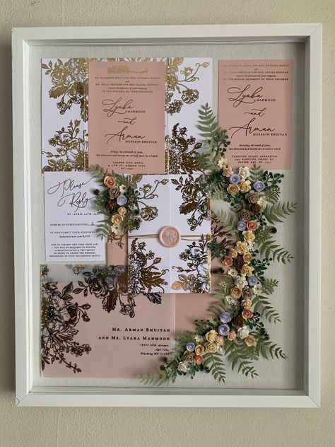 Wedding Invite Shadow Box Gift, Wedding Invitation Display, Framing Wedding Invitation, Wedding Photo Frame Wall, Wedding Invitations Frame, Wedding Keepsake Ideas, Framed Wedding Invitation, Keepsake Invitation, Colorful Environment