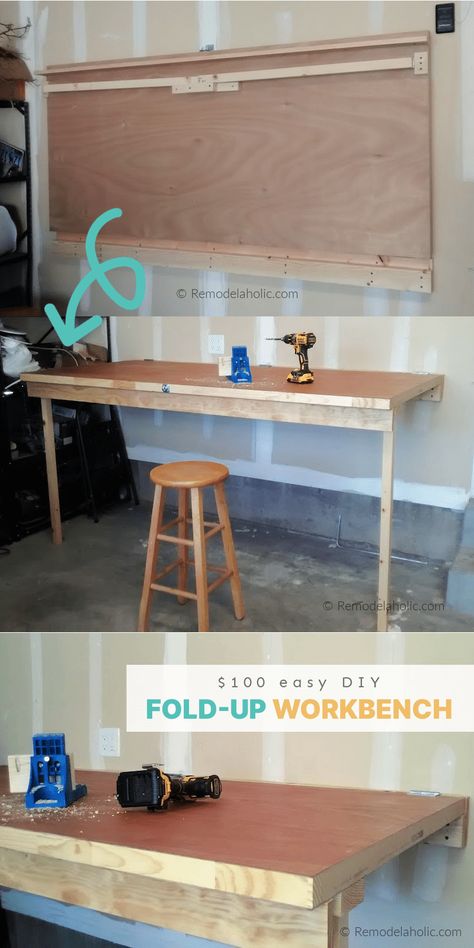 Collapsible Table Wall, Diy Folding Workbench Wall Mounted, Diy Folding Workbench, Diy Drop Down Table, Diy Fold Down Table, Wall Table Diy, Fold Up Desk, Mounted Folding Table, Small Workbench