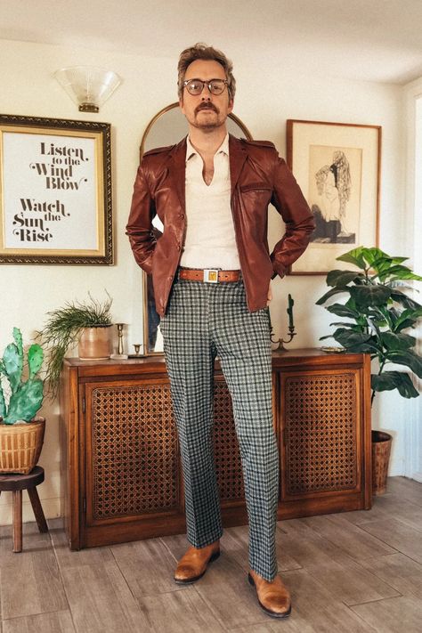 60s Meets 70s Leather and Plaid 70s Fashion Men Casual, Plaid Pants Outfit Men, 60s Fashion Mens, Mens 70s Outfits, 70s Outfits Men, Americana Fashion Men, 70s Men Fashion, 60s Mens Fashion, 70s Fashion Men