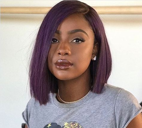 Justine skye, bob, bobcut, black women, colored hair, short hairstyles, purple hair, makeup, lace front, frontal, wigs, weave, melanin, straight hair Bob Hairstyles Wigs, Gray Hair Spray, Black Women Lace Front Wigs, Hairstyles Wigs, Straight Bob Hairstyles, Brazilian Hair Extensions, Aveda Hair, Brazilian Straight Human Hair, Straight Hair Bundles