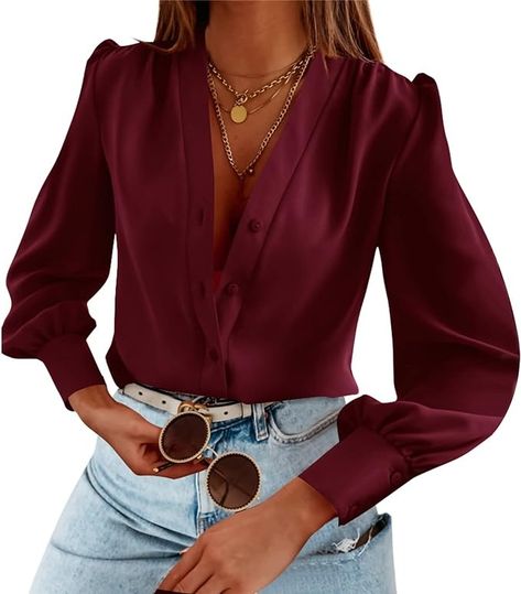 Women's Business Casual Tops Summer Long Sleeve Silk Button Down Shirts V Neck Chiffon Blouses… at Amazon Women’s Clothing store Business Casual Tops, Women's Business Casual, Casual Chiffon Blouse, Terry Cloth Dress, Summer Long Sleeve, Chiffon Blouses, Womens Business Casual, Business Tops, Casual Summer Tops