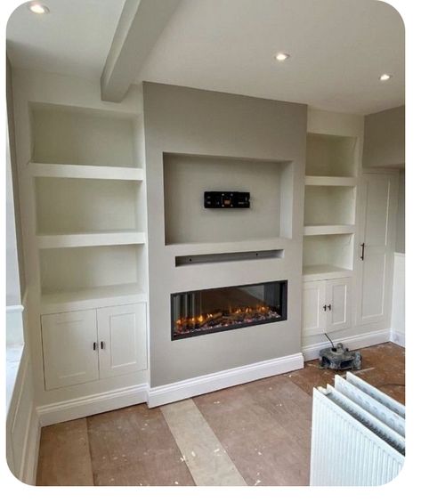 Media Wall With Fake Fireplace, Fireplace And Side Cabinets, Chimney Wall Shelves, Recess Shelving Living Room, Tv Unit Fireplace Modern, Recessed Wall Ideas Living Room, Built In Tv Wall Unit With Fireplace Shelving, Tv And Chimney Ideas, Media Wall Electric Fireplace