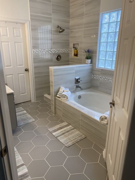 Small Tub And Shower Combo Ideas, Small Bathroom With Separate Shower And Bathtub, 2 Person Bathtub Master Bath, Narrow Master Bath Ideas, Small Bathroom With Big Window, Toilet Stall Ideas Master Bath, 5 Piece Bathroom Remodel, Bathroom Tile Behind Toilet, Re-bath Remodels