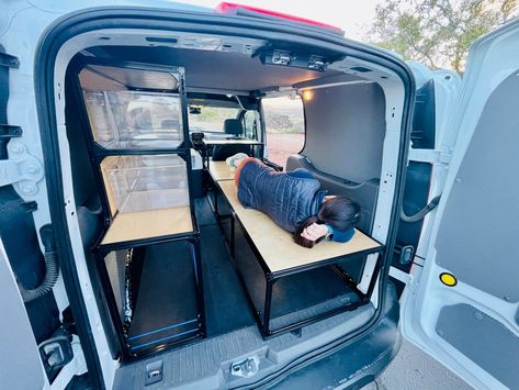 Camper Conversion Diy, Bed Shelving, Transit Van Conversion, Van Layouts, Ford Transit Camper Conversion, Ford Transit Connect Camper, Van Conversion Kits, Van Organization, Diy Camper Van