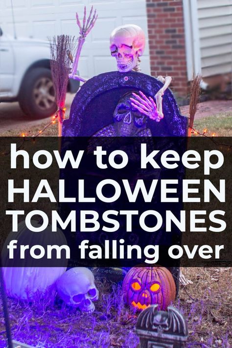 How To Keep Styrofoam Tombstones In The Ground - Entertaining Diva @ From House To Home Halloween Outdoors, Ghost Tutorial, Halloween Gravestones, Graveyard Halloween, Halloween Cemetery, Halloween Decorations Diy, Spooky Diy, Scary Halloween Decorations Diy, Halloween Creatures