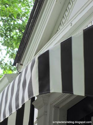 Simple Details: diy black and white awning reveal... Black And White Awning, Awning Diy, Striped Awning, Patio Upgrade, Diy Awning, Porch Awning, Window Awning, Cement Patio, Outdoor Awnings