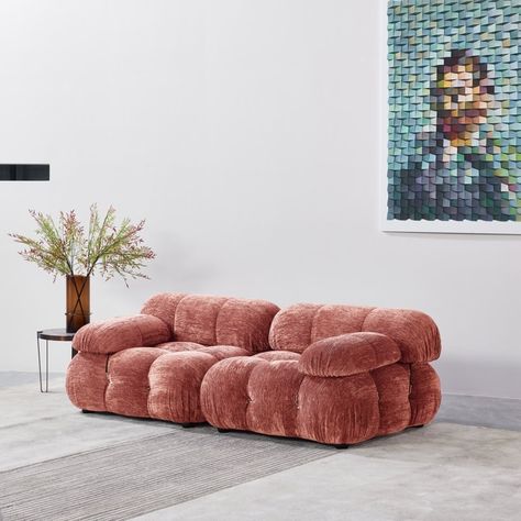 This Loveseat is crafted using an innovative system comprised of cables, hooks, and rings, which imbue it with its distinct look and modular design. Its seats, backs, and armrests are built around a foundation of injection foam and wood frames. 70s Inspired Living Room, Sectional Bed, Geometric Nature, Upholstered Sectional, Sofa Living, Metal Frames, Living Room Sectional, Everly Quinn, Modular Design