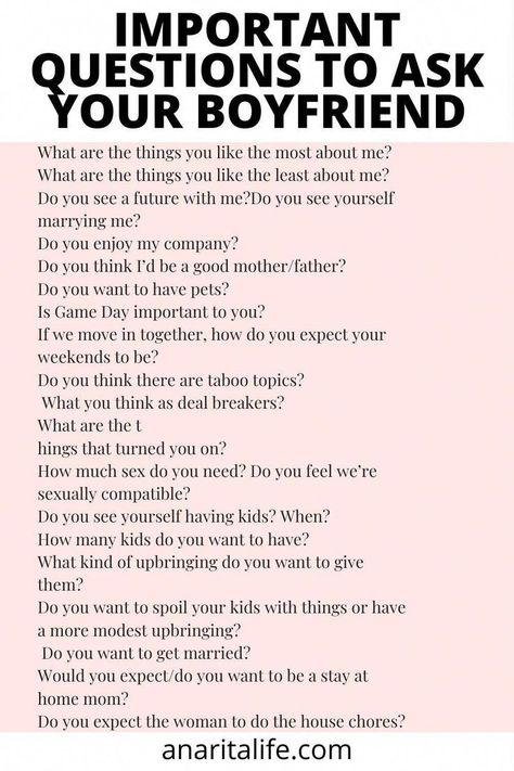 Jan 1, 2023 - Important and deep questions to ask your boyfriend to take the relation to the next level. You'll know if you're a match if you ask him these. Boyfriend Questions, Deep Conversation Topics, Questions To Get To Know Someone, Flirty Questions, Intimate Questions, Deep Questions To Ask, Romantic Questions, Questions To Ask Your Boyfriend, Relationship Lessons