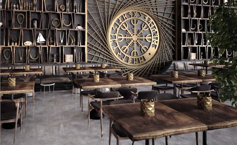 Viking’s Seriously Cool New Mall of Egypt Branch Brings Back Ancient Interior Furnishings Viking Interior Design, Viking Decor Interior Design, Viking Restaurant, Ancient Interior, Casa Viking, Viking Hall, Viking Home Decor, Viking Aesthetic, Viking House