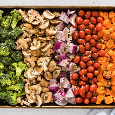 Our sheet pan roasted vegetables are super yummy and easy to put together! From oven to table in less than 30 minutes. If you love roasted vegetables this is a great way to get your daily dose of nutritious veggies that is always guaranteed to be a Whole Lotta Yum! Sheet Pan Vegetables, Sheet Pan Roasted Vegetables, Pan Roasted Vegetables, Whole Lotta Yum, Broccoli Crowns, Roasted Vegetables Oven, Roasted Vegetable Recipes, Tasty Meat, Meal Prep Bowls