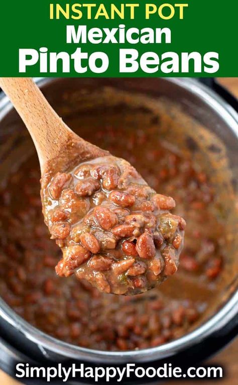 Instant Pot Mexican Pinto Beans made, from dry beans, is a delicious and easy recipe to make. These tasty pressure cooker pinto beans are an Instant Pot dump and start recipe. simplyhappyfoodie.com #pintobeans #instantpot #easyrecipes #budgetmeal Pressure Cooker Pinto Beans, Mexican Beans Recipe, Pinto Beans And Rice, Instant Pot Beans Recipe, Pressure Cooker Beans, Instant Pot Dump, Mexican Pinto Beans, Simply Happy Foodie, Instant Pot Mexican