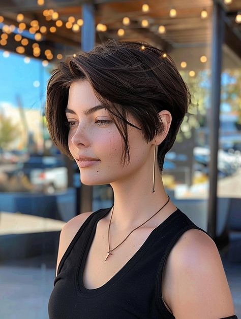 Chic Short Haircuts 2024 for Women: Layered & Stylish Deep Brown Hair, Shaved Hair Women, Haircuts 2024, Medium Short Haircuts, Short Shaved Hairstyles, Chic Short Haircuts, Cool Hairstyles For Girls, Layered Bobs, Stylish Short Haircuts