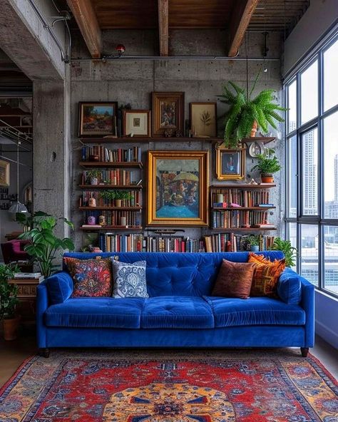 Blue Sofa Eclectic Living Room, Living Room Inspiration Blue Sofa, Bold Couch Living Room, Blue Couches Living Room Decor, Blue Orange Living Room, Snug Room Ideas, Maximalism Living Room, Blue Sofa Living Room Ideas, Living Room Color Scheme Ideas