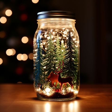 Mason Jar Christmas Scene, Christmas Decor Jars, Lighted Christmas Mason Jar Crafts, Christmas Crafts Jars, Snow Globe Mason Jar Gifts, Mason Jar Christmas Table Decor, Diy Christmas Snow Globes Mason Jars, Mason Jar Snow Globes Diy, Mason Jar Diy Christmas