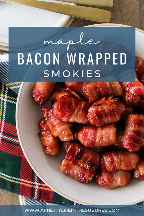 If you're looking for a party perfect appetizer, these Maple Bacon Wrapped Smokies are it! These popular little bites of deliciousness are always a crowd favourite. Wrapped Smokies, Little Smokies Recipes, Smokies Recipe, Bacon Wrapped Appetizers, Bacon Wrapped Smokies, Little Smokies, Caramelized Bacon, Bacon Appetizers, Best Bacon