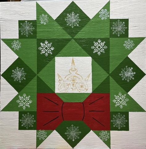 Barn Quilt Addicts | My second one, just needs sealer | Facebook Bell Quilt Block, Barn Quilt Christmas Tree, Christmas Wreath Barn Quilts, Snowflake Barn Quilt Pattern, Winter Barn Quilt Patterns, Christmas Tree Barn Quilt, Free Christmas Quilt Blocks Free Pattern, Winter Barn Quilts, Christmas Barn Quilt Patterns