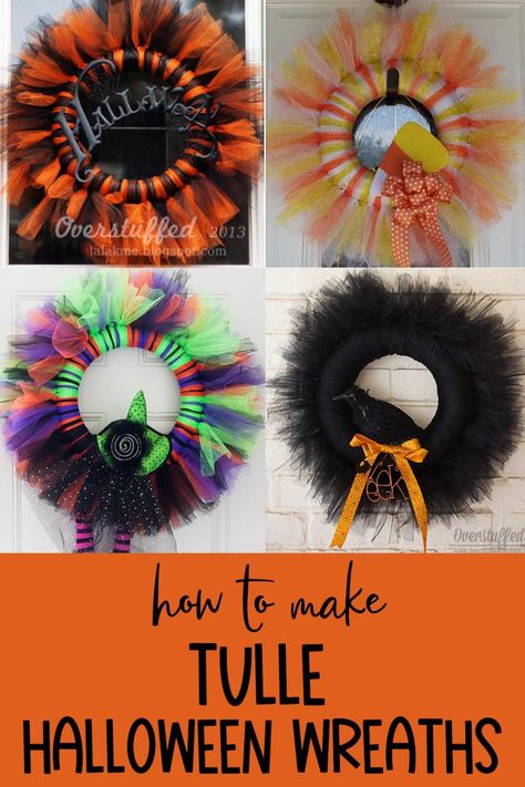 Wreaths Made With Tulle, Tulle Halloween Decorations, Tule Wreath, Tulle Wreath Tutorial, Halloween Tulle Wreath, Tulle Wreath Diy, Halloween Wreath Ideas, Tulle Wreaths, Tulle Crafts