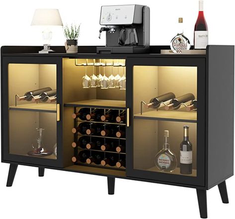 Dining Room Black, Coffee Cabinet, Wine Bar Cabinet, Modern Buffet, Kitchen Buffet, Wine Rack Storage, Home Coffee Bar, Buffet Sideboard, Black Dining Room