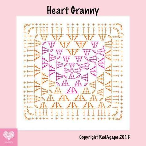 Crochet Heart Granny pattern diagram by RedAgape. Heart Granny Square, Granny Square Pattern Free, Virkning Diagram, Granny Square Pattern, Corak Bunga, Crochet Heart Pattern, Mode Crochet, Pola Amigurumi, Valentines Crochet