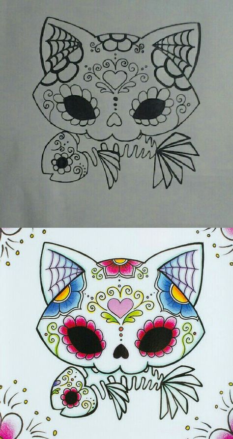 Sugar Skull Cat Candy Skull Drawing Easy, Sugar Skull Cat Tattoo, Work Of Art Tattoo, Cat Skull Drawing, Cat Skull Art, Sugar Skull Stencil, Cat Sugar Skull, Sugar Skull Art Drawing, Sugar Skull Drawing