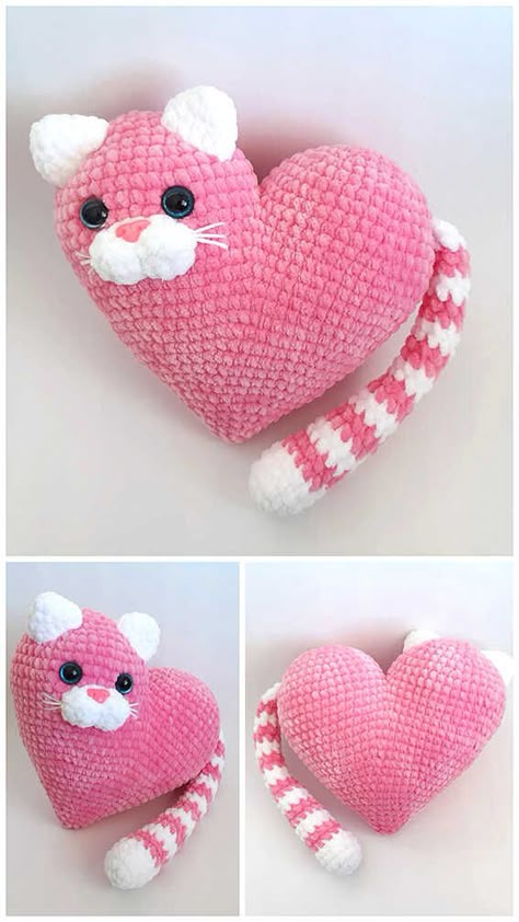 Kat Haken, Crochet Valentine Patterns, Beau Crochet, Amigurumi Minta, Crochet Unique, Crochet Mignon, Confection Au Crochet, Crochet Cushion Cover, Crochet Cat Pattern