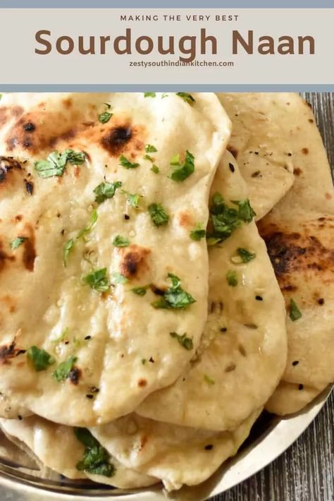 Sourdough Naan Bread Recipe, Mediterranean Sides, Sourdough Naan, Tandoori Bread, Sourdough Flatbread, Indian Naan, Sourdough Ideas, South Indian Kitchen, Indian Flatbread