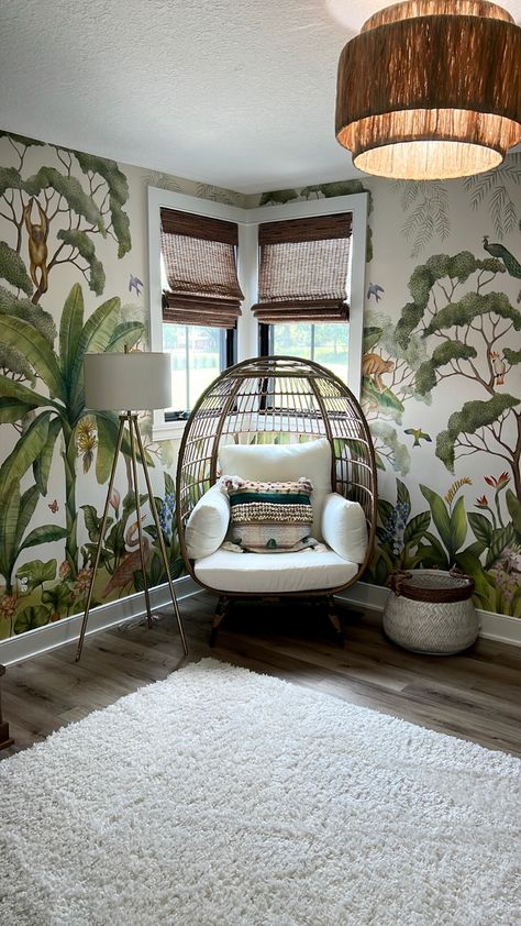 Jungle theme wallpaper egg chair Nursery Jungle Wallpaper, Baby Girl Nursery Jungle Theme, Jungle Theme Room Adult, Jungle Theme Bedroom For Adults, Jungle Theme Kids Bedroom, Jungle Room Ideas, Girls Jungle Bedroom, Jungle Nursery Ideas, Jungle Bedroom Kids