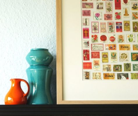 Postage Stamp Art Postage Stamp Display, Stamp Display, Postage Stamps Crafts, Stamp Diy, Budget Design, Postage Stamp Art, Vintage Postage Stamps, Diy Stamp, Vintage Postage