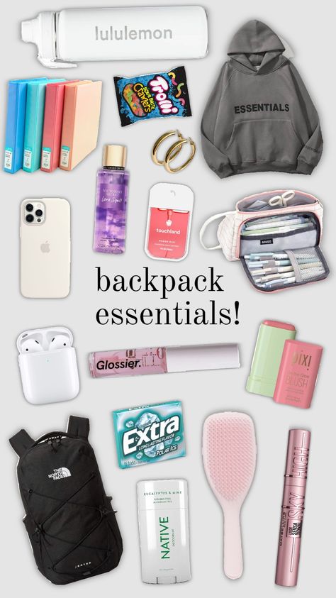 backpack essentials! #school #backpack #preppy #thatgirl #aesthetic #love #stationery #study #hw #northface #lululemon Backpack Preppy, Thatgirl Aesthetic, Backpack Aesthetic, Lululemon Backpack, Backpack Essentials, School Backpack, Stationery