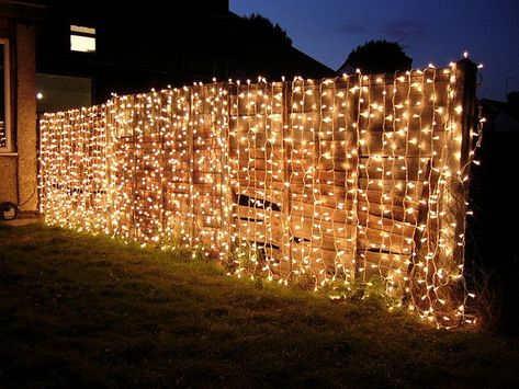 curtain lights on fence for night-time garden party #GardenParty Deco Luminaire, Garden Party Decorations, Night Garden, Fence Decor, Festa Party, Garden Party Wedding, Backyard Fences, Curtain Lights, Garden Parties