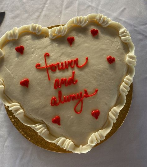 strawberry flavored, heart shaped cake with “forever & always” written on top. Wedding Cake With Writing, Three Tier Heart Cake, Heart Shaped Carrot Cake, Wedding Cake Writing Ideas, Heart Cake Engagement, Simple Heart Wedding Cake, Petite Wedding Cake, Small Heart Wedding Cake, Wedding Cake Writing