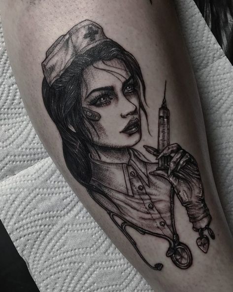 Blackwork nurse portrait tattoo Neotraditional Nurse Tattoo, Gothic Nurse Tattoo, Nurse Portrait Tattoo, Healthcare Worker Tattoo, Zombie Nurse Tattoo, Nurse Inspired Tattoos, Er Nurse Tattoo, Nurse Tattoo Ideas Sleeve, Nurse Sleeve Tattoos For Women