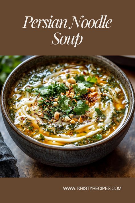 Discover the delicious taste of Persian cuisine with this hearty noodle soup. Full of lentils, chickpeas, spinach, and fresh herbs, this savory soup offers a comforting balance of flavors and textures that will warm you from the inside out. #noodle #asianfood #chinesefood #noodlelover #soup Soup Recipes With Chickpeas, Middle Eastern Soup, Vegetarian Noodle Soup, No Meat Dishes, Mediterranean Soup, Persian Chicken, Alpha Gal, Iranian Recipes, Noodles Lover