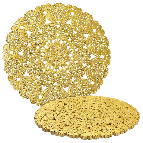 PRICES MAY VARY. Gold Paper Doilies 10 Inch Round: These gold paper placemats can be used for cakes, desserts, and baked treat displays; they are ideal for baby showers, wedding receptions, formal settings, and tableware decor Elegant Design: These gold disposable charger plates feature a beautiful lace pattern and scalloped edges; perfect for Christmas, bridal showers, parties, handmade invitations, and crafts Multi-Purpose: The gold doilies 10 inch diameter makes it the perfect accessory to sp Placemats For Wedding, Disposable Placemats, Gold Placemats, Paper Lace Doilies, Decorative Placemats, Lace Placemats, Plastic Party Plates, Dining Table Round, Wedding Tableware