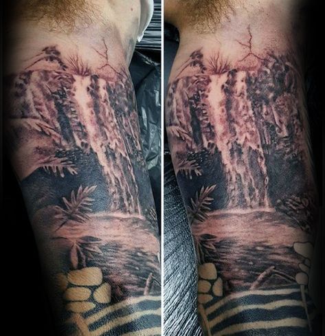 70 Waterfall Tattoo Designs For Men - Glistening Ink Ideas Tropical Tattoo For Men, Waterfall Tattoo Ideas, Waterfall Tattoo, Tattoo Ideas Simple, Tropical Waterfall, Inner Arm Tattoos, Tattoo Designs For Men, Water Falls, Flowing Water