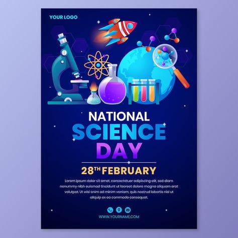 Gradient national science day vertical p... | Free Vector #Freepik #freevector #poster #template #education #science Science Exhibition Poster Design, Science Fair Poster Design, Science Event Poster, Science Day Poster Design, National Science Day Poster, Science Day Poster, Science Poster Design, Science Design Ideas, 3d Poster Design