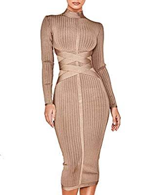 Whoinshop Women's Cross Strap Ribbed Bandage Long Sleeve Midi Fall Winter Bodycon Party Dress (XS Khaki1) Bodycon Party Dress, Summer Bodycon Dress, Party Dresses Online, Bandage Midi Dress, Club Party Dresses, Party Dress Long Sleeve, Bodycon Dress Parties, Club Party, Party Dress Long