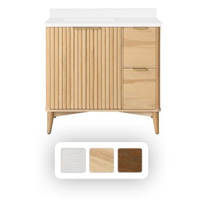 Reeded Wood Vanity, Natural Wood Bathroom Vanity, Fluted Door, Bathroom Dressing Table, Organic Modern Bathroom, Folded Towels, 36 Inch Vanity, Profile Set, Shaker Vanity