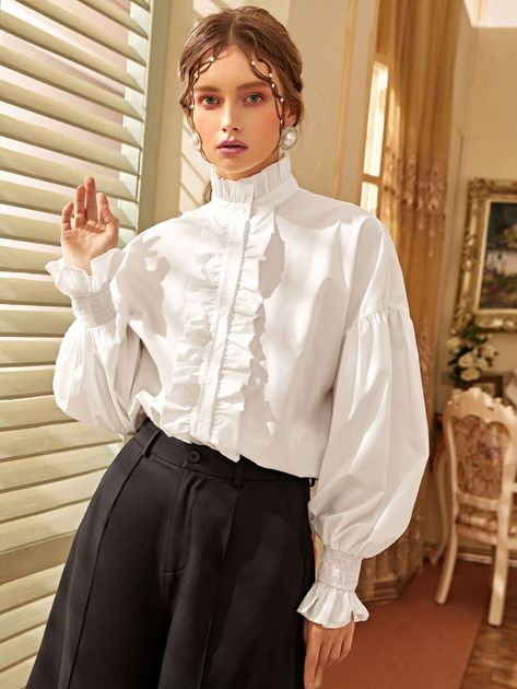 Mock Neck Lantern Sleeve Ruffle Trim Blouse | SHEIN USA Ruffle Shirt Outfit, Ruffle Cuff Sleeve, Victorian Sleeves, Frilly Shirt, Obsidian Blade, Victorian Shirt, Fall Fashion Skirts, Frilly Blouse, Ruffle Trim Top