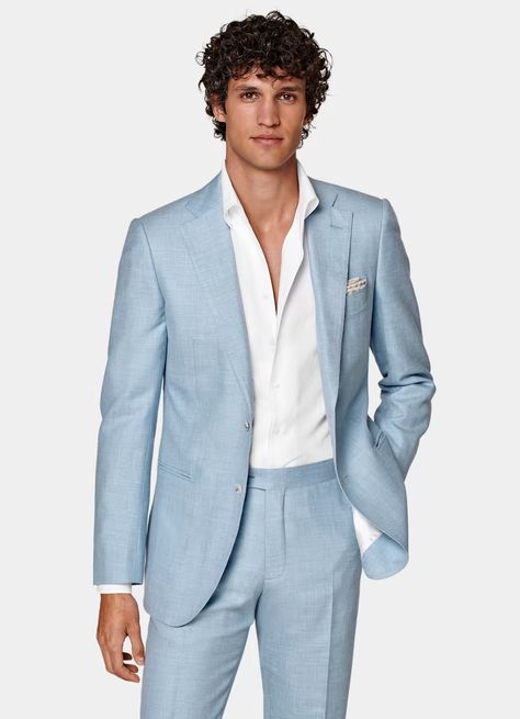 Light Blue Lazio Suit in Wool Silk Linen | SUITSUPPLY US Light Blue Tux, Blue Prom Suit, Blue Tuxedo Wedding, Blue Mens Suit, Blue Linen Suit, Blue Groomsmen, Blue Tux, Baby Blue Weddings