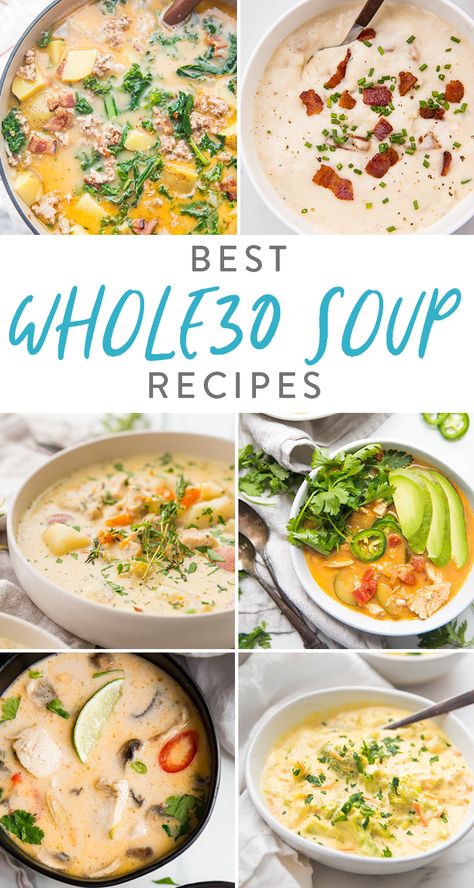 These are the best Whole30 soup recipes to keep you full and cozy but still compliant! From Zuppa Toscana to Thai tom kha gai (coconut chicken soup), chicken pot pie soup to loaded potato soup, we've got your soup craving totally covered with this roundup of the best recipes. #soup #whole30 #instantpot #paleo #crockpot Soup Chicken Pot Pie, Whole30 Soup, Whole 30 Soup, Paleo Soup Recipe, Whole30 Soup Recipes, Coconut Chicken Soup, Tom Kha Gai, Whole 30 Meal Plan, Tom Kha